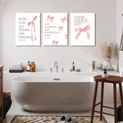 Coquette Pink Bow Canvas Wall Art Set of 3 Inspirational Bible Verses Decor - Image 7