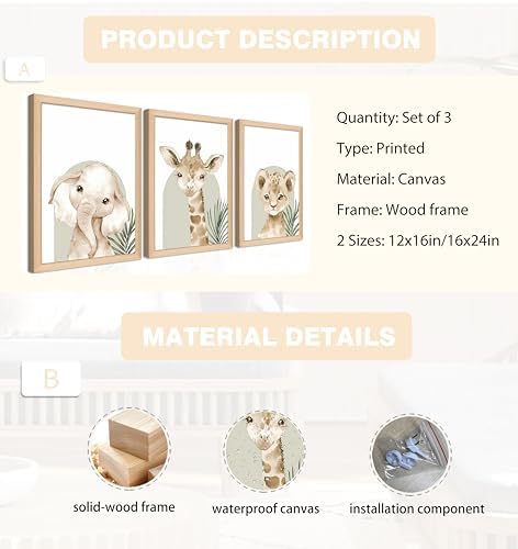 Framed Cute Animal Wall Art Nursery Decor Set of 3, Watercolor Elephant Giraffe - Image 5