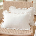 Set of 2 White Ruffled Lumbar Pillow Covers 12x20 Inch, Solid Color Rectangular by HOSTECCO