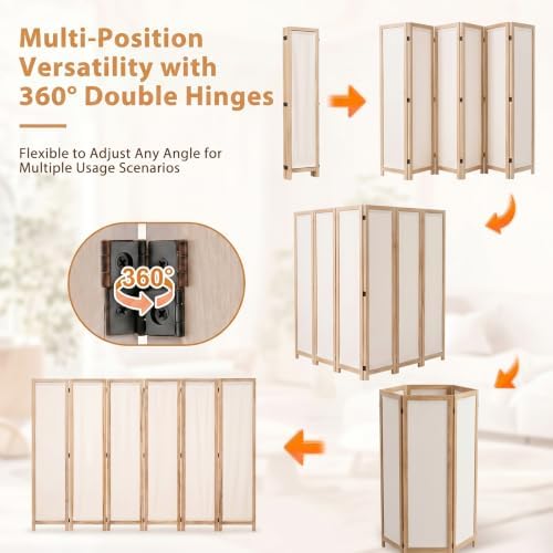 Wood Room Divider Panel with Linen Fabric, Boho Folding Privacy Screen 67" - Image 4