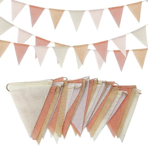 Whaline Beige Pink White Burlap Banner Pennant 4 Solid Color Bunting Garland by Whaline