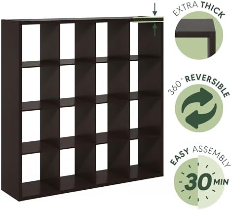 Furinno Cubicle 16-Cube Book Shelf, Extra Thick Frame Bookshelf, Dark Oak - Image 6