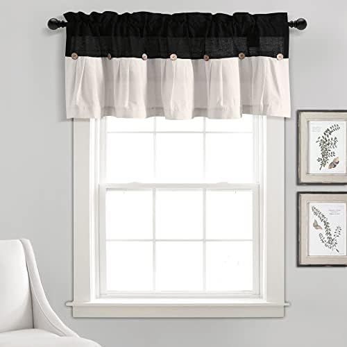 Lush Decor Linen Button Farmhouse Valance Curtians 52"W x 18"L Black & White by LushDecor