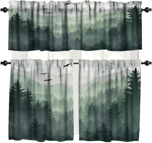 Forest Valance Curtain for Kitchen, Watercolor Green Forest Flying Birds Nature by LOMADIA