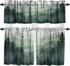 Forest Valance Curtain for Kitchen, Watercolor Green Forest Flying Birds Nature by LOMADIA