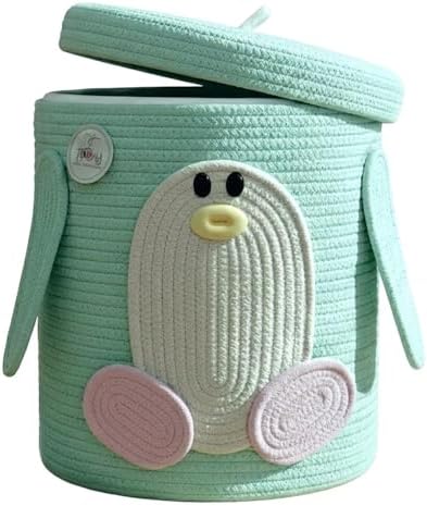 Storage Basket with Lid, Collapsible Woven Cotton Rope Basket, Penguin Design - Image 5