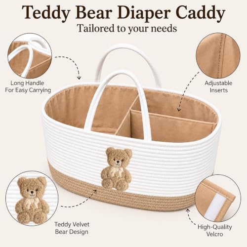 Baby Diaper Caddy Organizer, Teddy Bear Cotton Rope Nursery Basket - Image 2