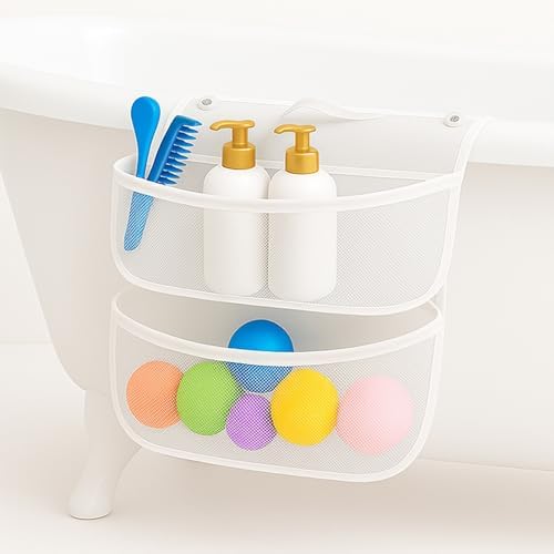 Saddle Bath Toy Organizer, 2 Compartments Mesh Bathtub Toy Storage by Colenumone