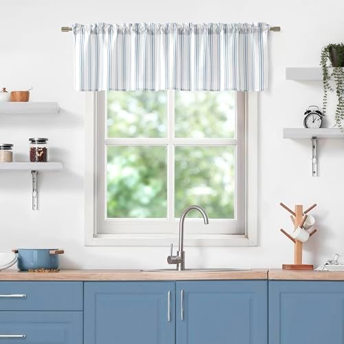ZJDECOR Blue White Striped Semi Sheer Kitchen Curtain Valances by ZJDECOR