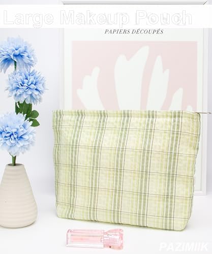 Flat Makeup Bag for Women, Zipper Cosmetic Pouch for Purse, Plaid Green - Image 5