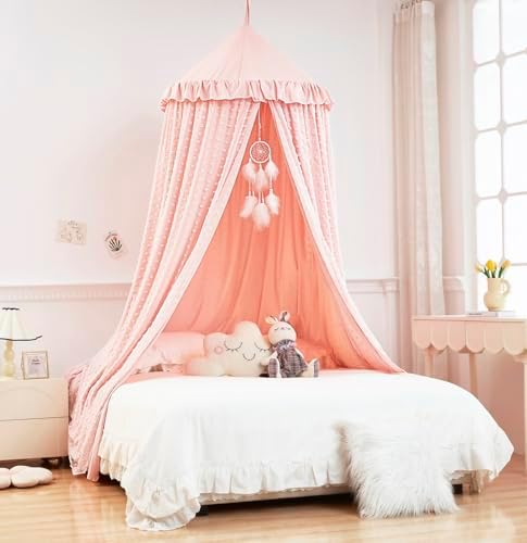 Mengesi Bed Canopy with Pom Pom- Lace Chiffon Canopy Bed Curtains, Double - Image 2