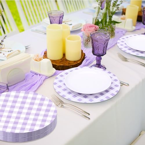 Funnymoom 60 Pcs Purple and White Gingham Disposable Paper Placemats Round - Image 4