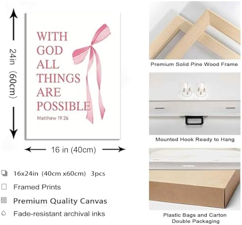 Coquette Pink Bow Canvas Wall Art Set of 3 Inspirational Bible Verses Decor - Image 3