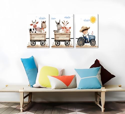3Pcs Cute Farm Animals Canvas Wall Art Nursery Cartoon Watercolor Animal - Image 4