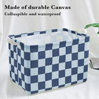 Ohocut Navy Blue Checkered Canvas Basket, Rectangular Organizing Decorative - Image 5