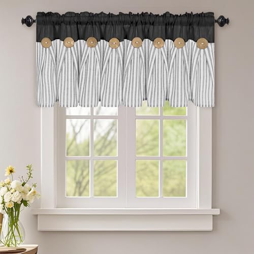 ASPMIZ Cotton Linen Kitchen Valance Curtains, Boho Rustic Button Linen Valances by ASPMIZ