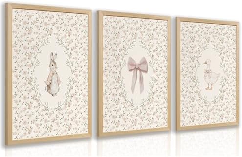 Grajoy Wood Framed Vintage Bunny Goose Florals Nursery Wall Art by Unknown