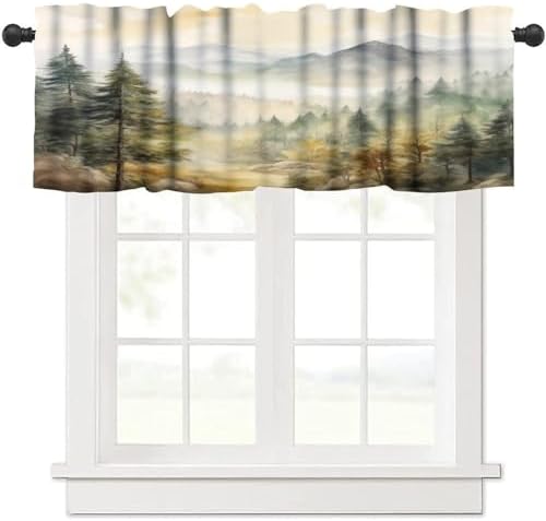 Forest Valance Curtain for Kitchen, Watercolor Mountain Forest Nature Tree by LOMADIA