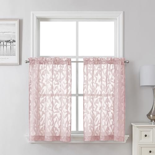 Lecloud Leia Blush Pink Sheer Kitchen Curtains 30 Inch Length 2 Pcs, Leaf by Lecloud