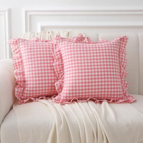 2 Pack Coral Pink Gingham Ruffle Throw Pillow Covers 18''x18'' by KMASANIJI