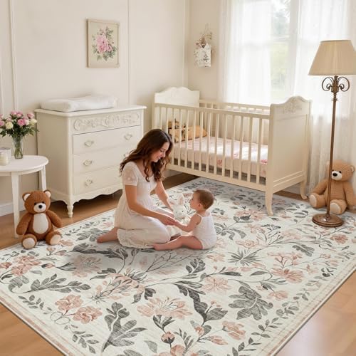6x9 Area Rugs Boho Floral Washable Living Room Rug Neutral Carpet Nursery - Image 3