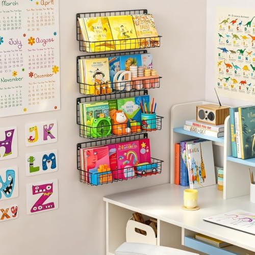 X-cosrack 4-Pack Wall Mounted Metal Kids Bookshelf, Floating Book Shelves - Image 2