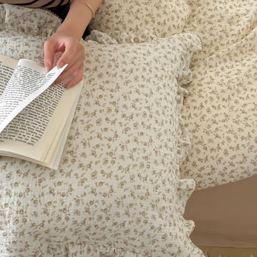 BuLuTu Camellia Floral Muslin Ruffled Pillow Case King Size, 1 Pack - Image 5
