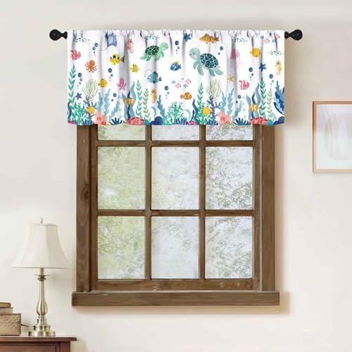 Sea Turtle Curtains Valance, Sea World Underwater Fish Ocean Animals Shark Fish - Image 2