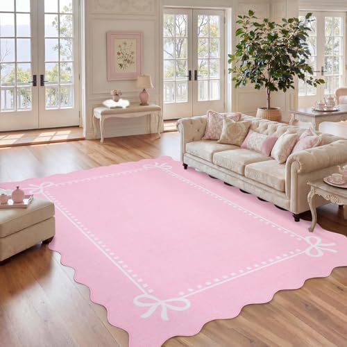Garvee Scalloped Bow Rug for Living Room Washable Solid Pink 8x10 Area Rug by Garvee