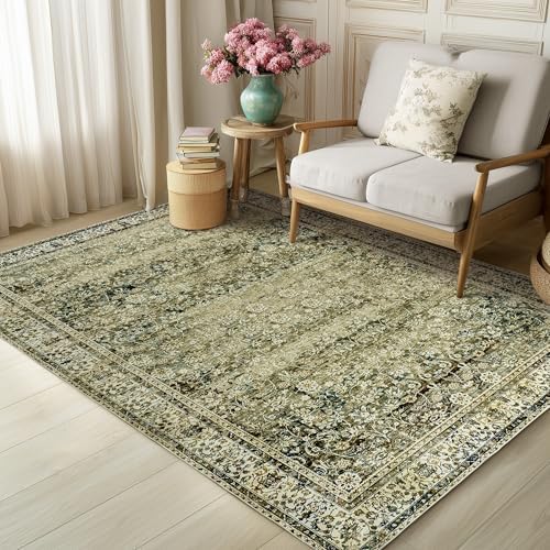 Olive and Tan Rug 5x8 Neutral Floral Soft Carpet Washable - Image 2
