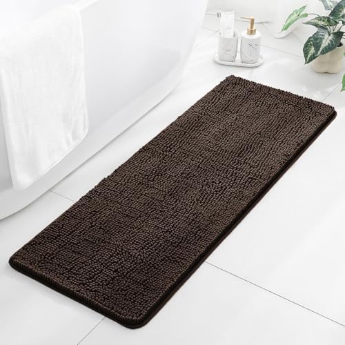 Chenille Bathroom Runner Rug 17"x47" Brown, Plush Bath Mat by Kildoss