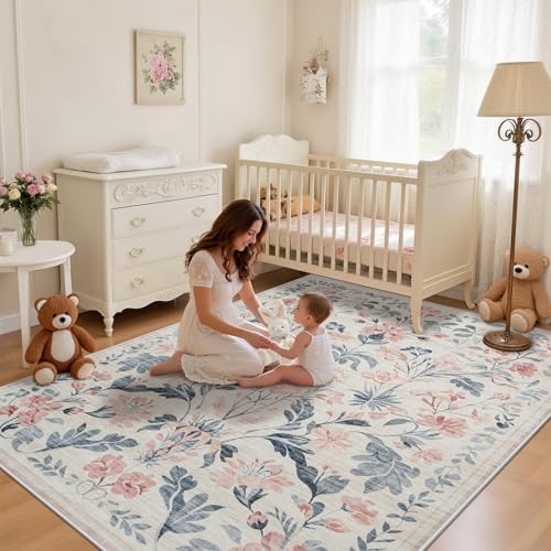 6x9 Area Rugs Boho Floral Washable Living Room Rug Neutral Carpet Nursery - Image 3