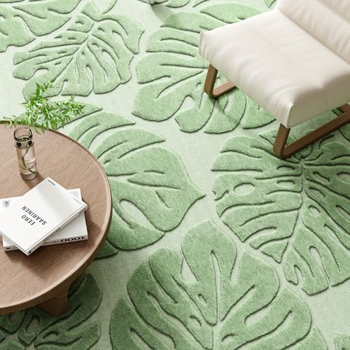 Sage Green Monstera 8x10 Area Rugs High-Low Plush Pile Washable - Image 6