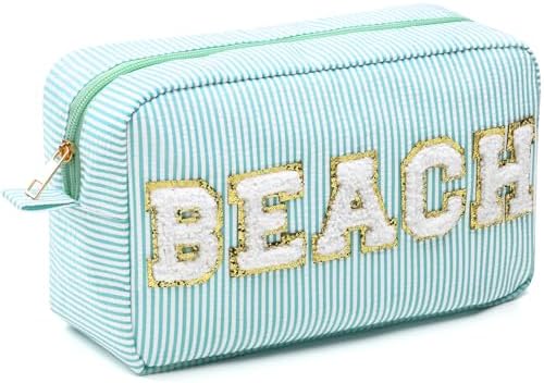 Sanwuta Seersucker Cosmetic Bag Beach Makeup Bag Chenille Letter Stripe Beach by Sanwuta