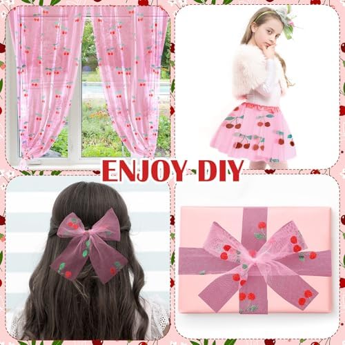 4 Pcs Cherry Table Runner 29x70 Inch Pink Glitter Tulle Summer - Image 3