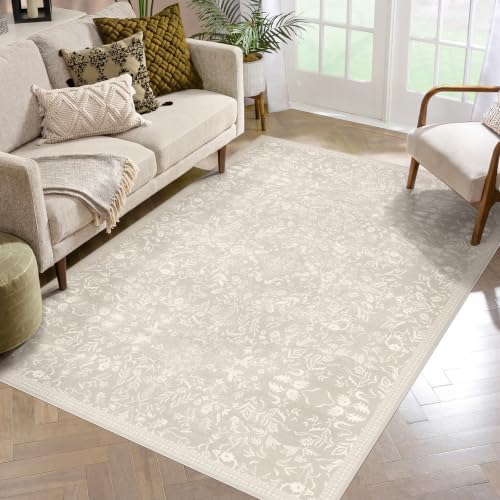 5' x 8' Upgraded Boho-Inspired Beige Vinyl Floor Mat, Waterproof Easy-Clean by BelleCosy