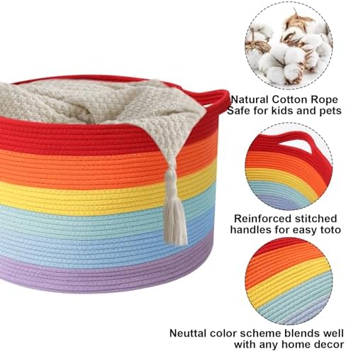 115L Large Blanket Basket, Rope Woven Laundry Basket-Rainbow - Image 3