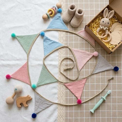 Fabric Bunting Banner, 2 Pack Handmade Neutral String Banner - Image 3