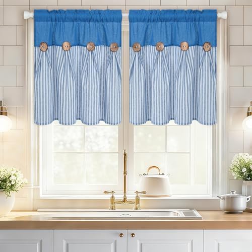 ASPMIZ Linen Kitchen Curtains 24 Inch Length, Farmhouse Boho Button Kitchen - Image 2