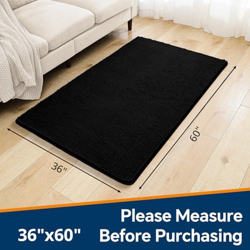 Chenille Bathroom Rug 36"x60" Black, Large Plush Bath Mat - Image 2