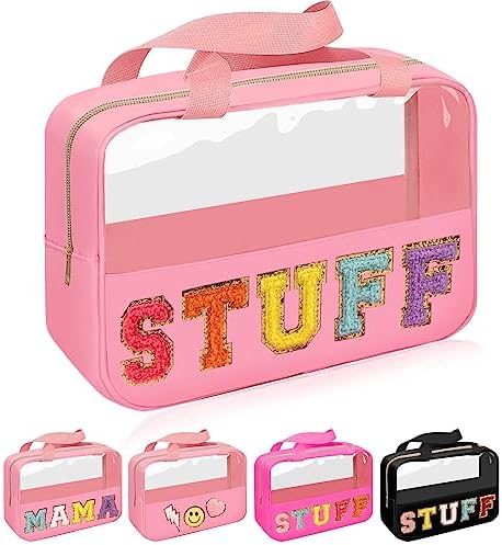 Iqimott Chenille Letter Patch Stuff Bag, Preppy Clear Makeup Cosmetic Bag Large by Iqimott