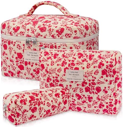 Gosect 3pc Makeup Bag Set, Quilted Makeup Bag Set, Large Floral Cosmetic Bag by Gosect