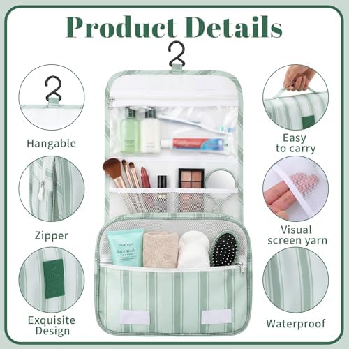 Hanging Toiletry Bag for Women, Portable Sage Green Travel Summer Beach Bag - Image 3