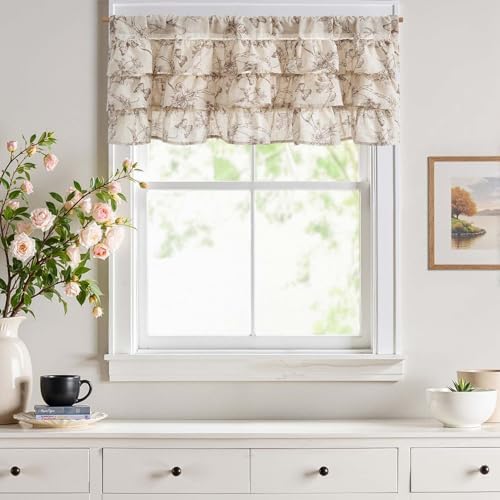 jinchan Ruffled Floral Valance Curtain 18 Inch 1 Panel Taupe on Beige - Image 3