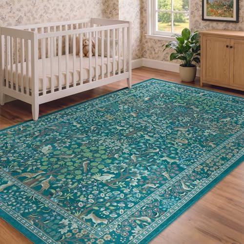Teal Tree of Life Area Rug 5x7, Boho Farmhouse Carpet - Image 4