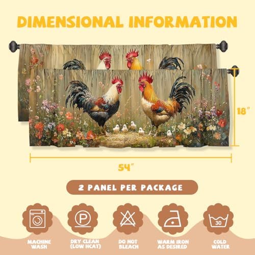 Rooster Curtain Valance for Windows 2 Pack Colorful Feather Flower Wooden Fence - Image 3