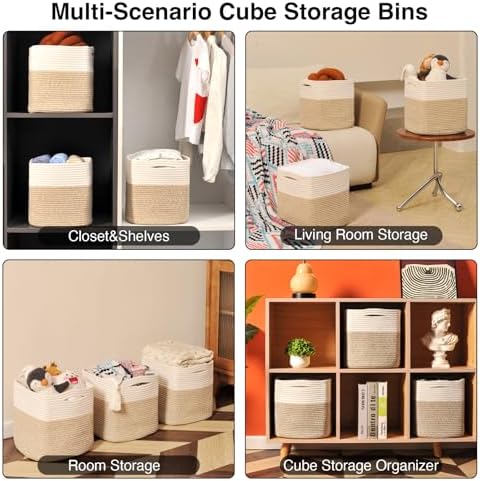 ICERZCZ 13 Inch Cube Closet Storage Bins, Woven Cotton Rope Organizer Baskets - Image 5