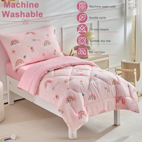 DuShow Pink Rainbow Toddler Bedding Set, 4 Piece Baby Crib Bedding Comforter - Image 3