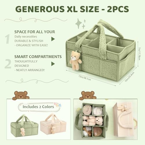 Shinylin 2 Pack Plush Diaper Caddy Organizer, Lily Green and Ivory - Image 2