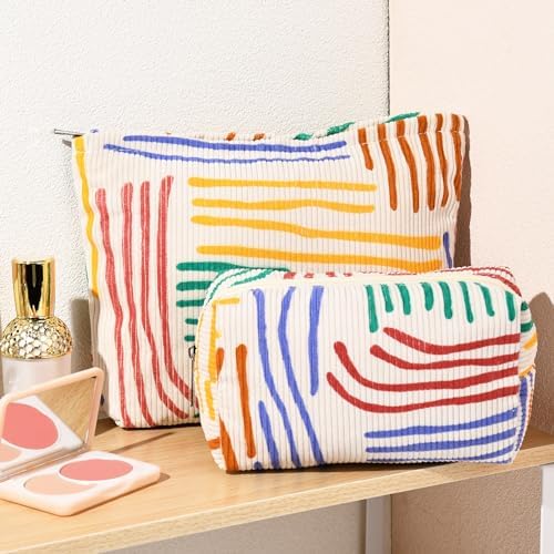 SOIDRAM 2 Pieces Stripes Makeup Bag Large Corduroy Cosmetic Bag Capacity Canvas - Image 5
